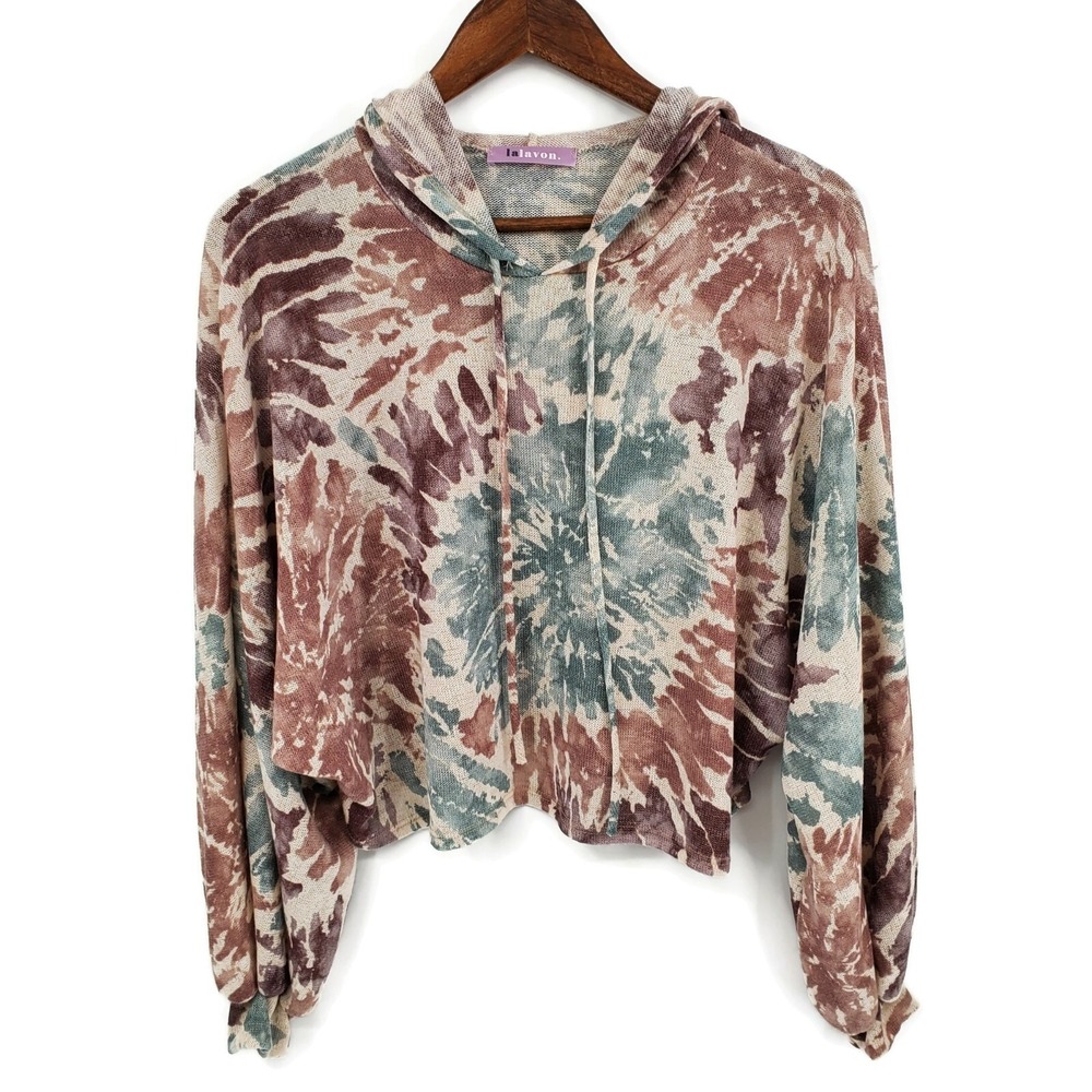 Lalavon Tie Dye Crop Hoodie Dolman Sleeve Lightweight Boho Pullover M - Picture 2 of 8